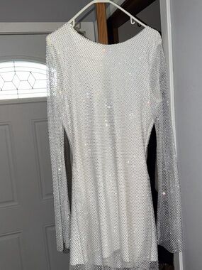 chinese dress ladies Silver Metallic Long-Sleeve Sequined Mini Dress L / 8 / Silver main image 0